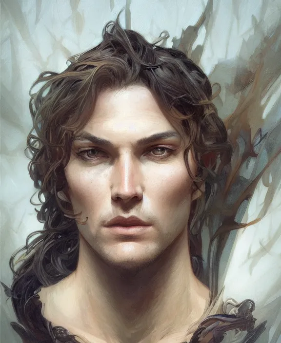 Image similar to portrait close up of guy, concentrated look, symmetry, d & d, fantasy, intricate, elegant, highly detailed, digital painting, artstation, concept art, art by artgerm and greg rutkowski and alphonse mucha, boris vallejo