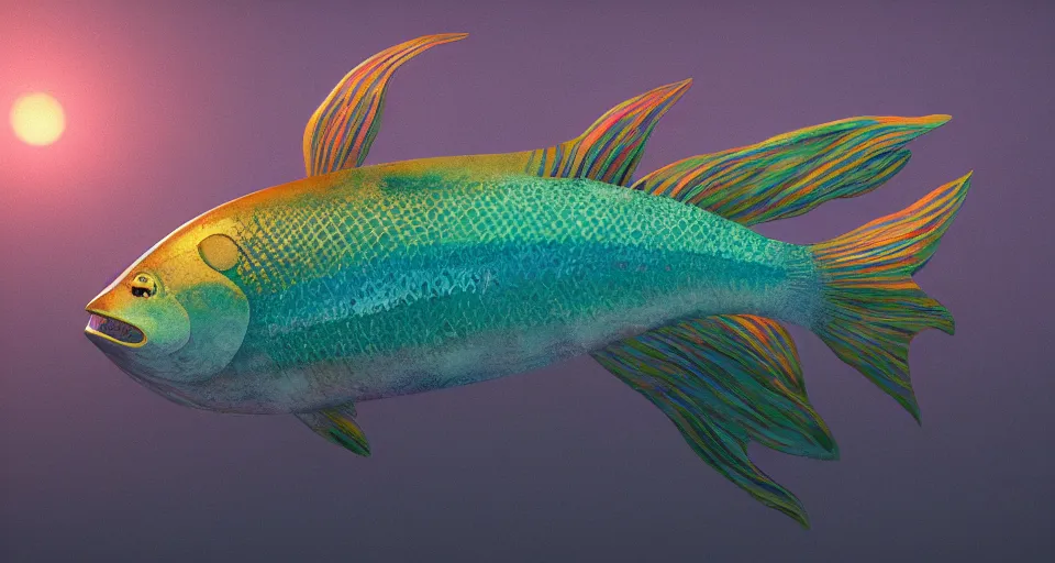 Image similar to a beautiful painting of a fish with knives, octane render, brilliantly coloured, intricate, ultra wide angle, trending on artstation, dusk, volumetric lighting, polished, micro details, ray tracing, 8k