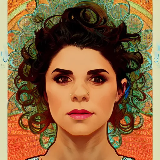 Image similar to portrait of marina diamandis, 8k, rich vivid colors, cinematic lighting, illustration, french noveau, alphonse mucha, artstation