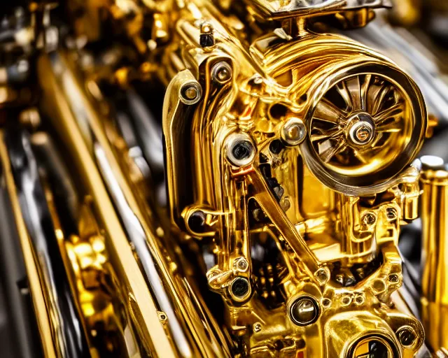 Image similar to 5 0 mm photography of a holy golden car engine mechanism. highly immaculate detailed 8 k. intricate. lifelike. nikon d 8 5 0. tiltshit. motion blur. dof