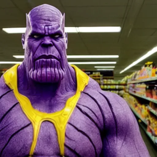 Image similar to thanos yelling at saul goodman in a supermarket