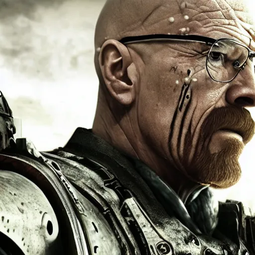 Image similar to Walter White in gears of war, splash art, movie still, detailed face, cinematic lighting, dramatic, octane render, long lens, shallow depth of field, bokeh, anamorphic lens flare, 8k, hyper detailed, 35mm film grain