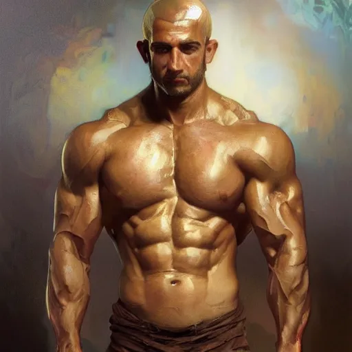 Prompt: painted portrait of arab bodybuilder posing by greg rutkowski craig mullins artgerm alphonse mucha, caustics, soft gentle face, buzz cut, handsome muscular upper body, mature warm tone, large brown pants, radiant light, lush background fantasy, intricate elegant detailed digital painting concept art artstation sharp focus illustration