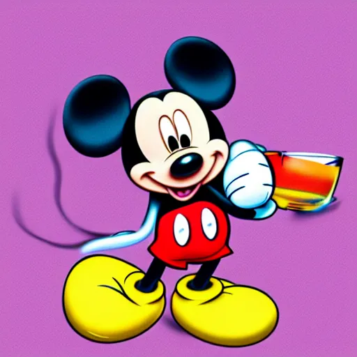 Prompt: mickey mouse smoking a bong, highly detailed, amazing digital art, vibrant, smoke