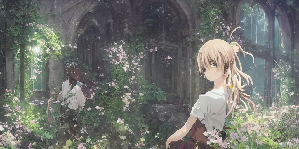 Image similar to anime kyoto animation key by greg rutkowski, perfectly detailed android girl in abandoned chapel with overgrown flowers and plants