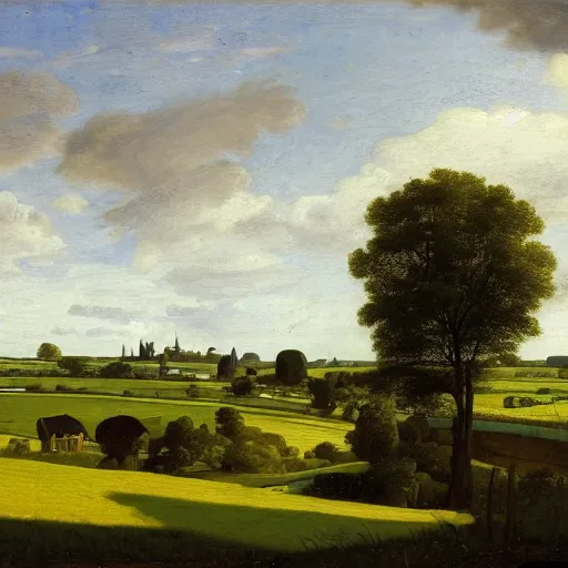 Image similar to a Landscape of pastoral agriculture, English green rolling hills, hay stack, oak tree, distant clouds, distant river, Style of vermeer view of delft, highly detailed, 8k