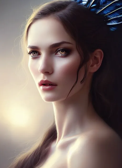 Image similar to a gorgeous female photo, professionally retouched, soft lighting, wearing a feather dress, realistic, smooth face, perfect eyes, wide angle, sharp focus on eyes, 8 k high definition, insanely detailed, intricate, elegant, art by artgerm and greg rutkowski and tom bagshaw