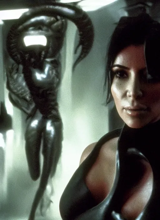 Prompt: film still of kim kardashian being held up by an xenomorph in Alien.