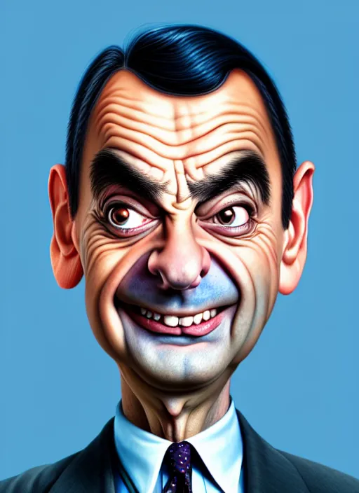 Image similar to highly detailed caricature portrait of mr bean by ross tran, by anato finnstark, brush strokes, 4 k resolution, light blue pastel background