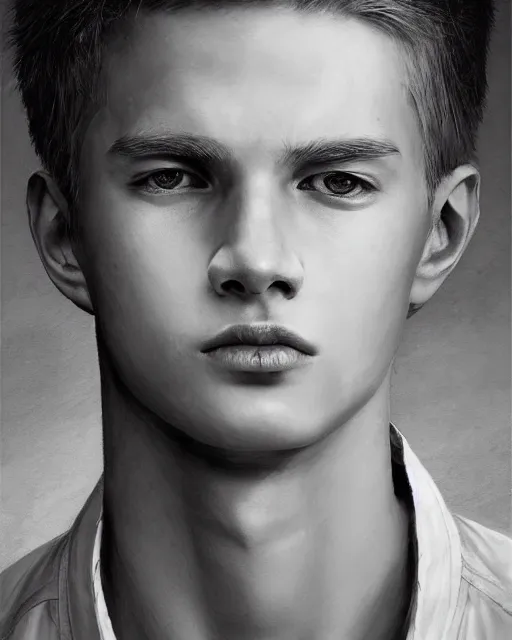 Image similar to portrait of 1 5 - year - old boy, a tall, slender boy with a pale, pointed face, white - blond hair, cold grey eyes, a pale complexion with sharp and pointed features, hyper realistic face, beautiful eyes, fantasy art, in the style of greg rutkowski, intricate, hyper detailed, smooth