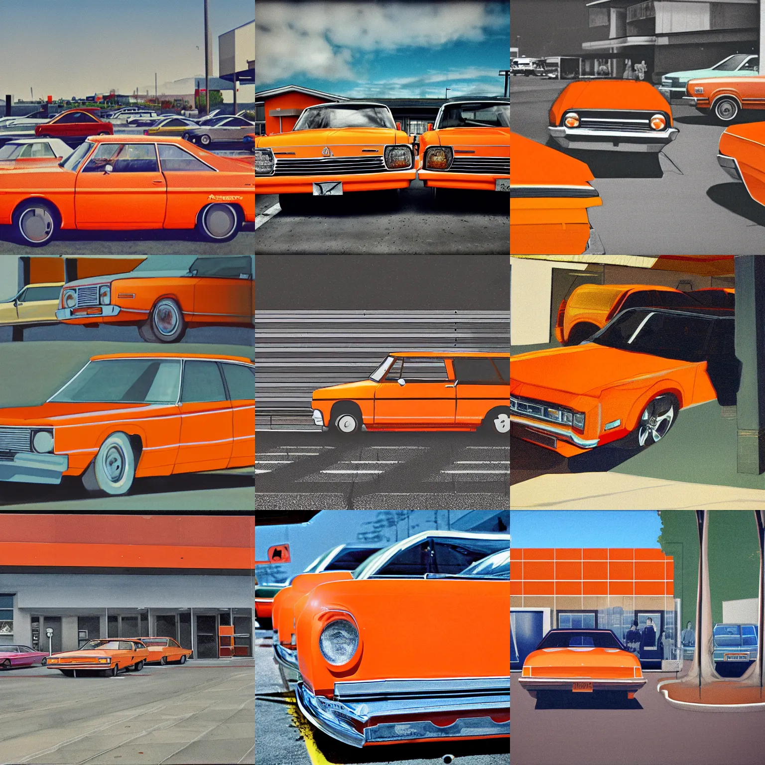 Prompt: an orange car is parked in a parking lot, a digital rendering by anson maddocks, featured on cg society, synchromism, 1 9 7 0 s, clean, creative commons attribution