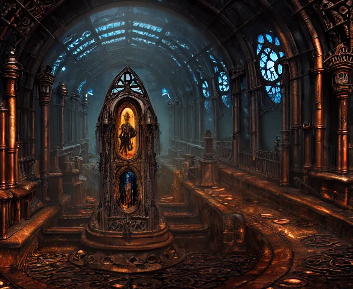 Image similar to steam necropolis, memento mori, gothic, neo - gothic, art nouveau, hyperdetailed copper patina medieval icon, stefan morrell, philippe druillet, ralph mcquarrie, concept art, steampunk, unreal engine, detailed intricate environment, octane render, moody atmospherics, volumetric lighting, ultrasharp, ominous, otherworldly