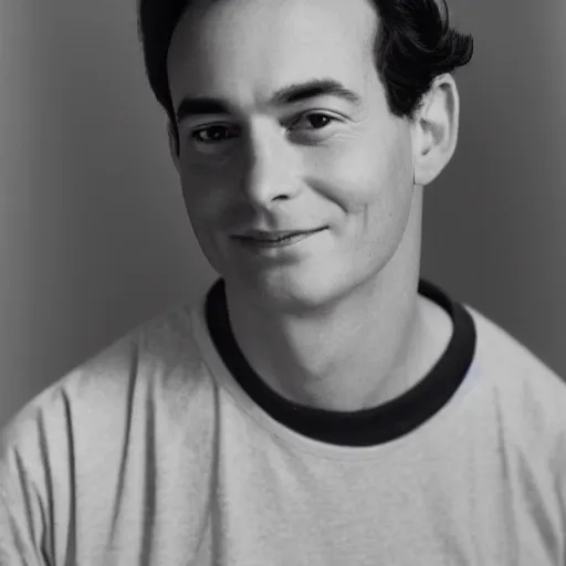 Image similar to The young Richard Feynman wearing a t-shirt, stunning portrait, 35mm F/1.2