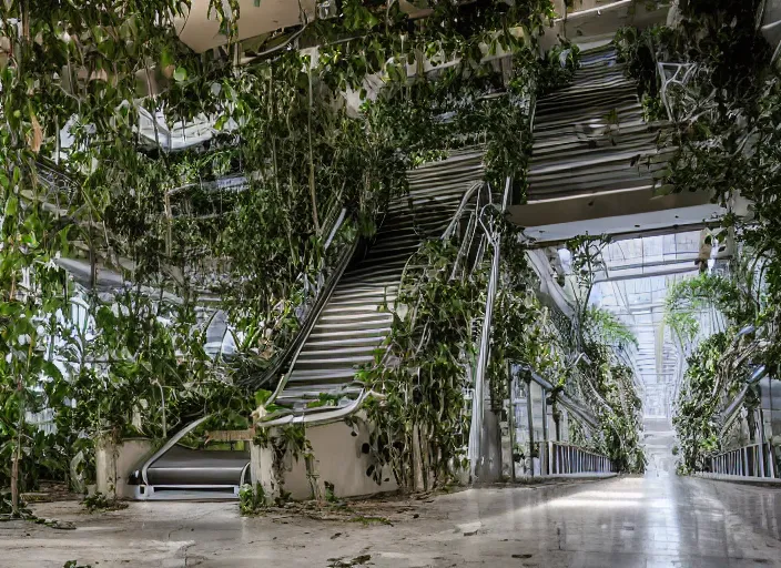 Image similar to an escalator in an abandoned mall in the 1 9 8 0 s, taken over by nature, covered in vines, dream pool, white ceramic tiles