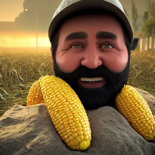 Image similar to hyperrealistic dslr film still of billy mays disguised as corn, vegetable, yellow, stunning 8 k octane comprehensive 3 d render, inspired by istvan sandorfi & greg rutkowski & unreal engine, perfect symmetry, dim volumetric cinematic lighting, extremely hyper - detailed, incredibly real lifelike attributes & flesh texture, intricate, masterpiece, artstation, stunning