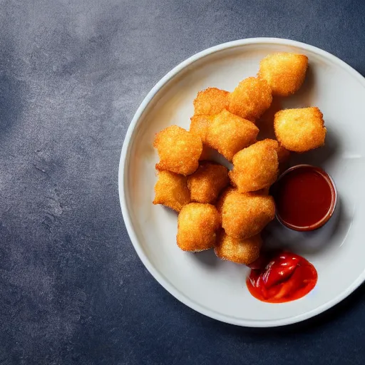 Image similar to food photo of channing tatum's face on top of giant tater tot on a plate with ketchup