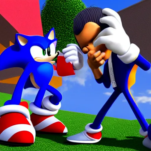 Prompt: sonic punching president barack obama, 3 d render, depth of field, lens flare,