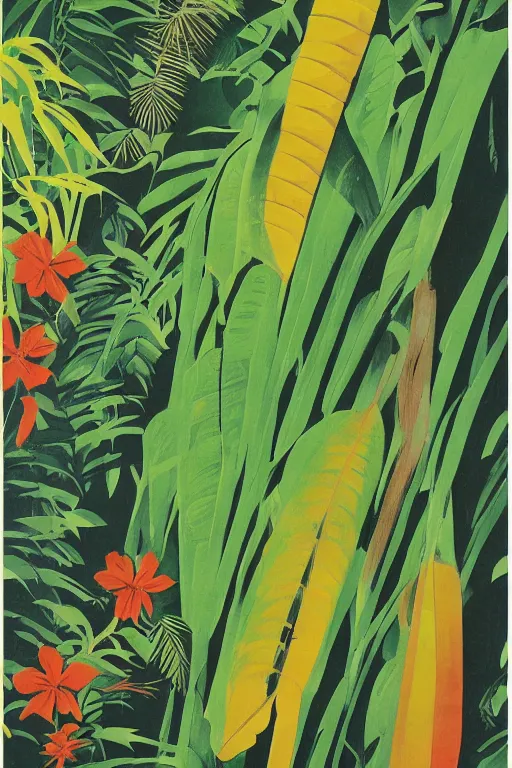 Prompt: New Zealand subtropical rainforest poster designed by Emmet McBain, 1960s