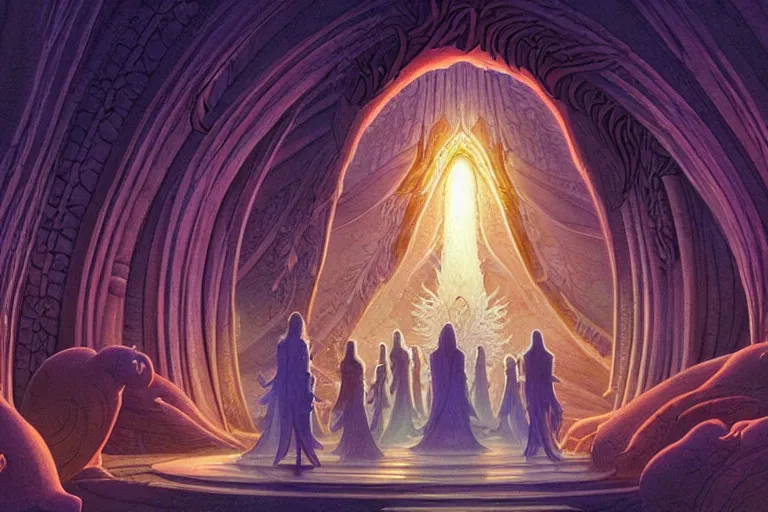 Prompt: delicate mtg illustration by charles vess of a large group of people entering the glowing doorway of a massive vulva - shaped temple constructed of carved iridescent pearls and house - sized crystals, trending on cgsociety.