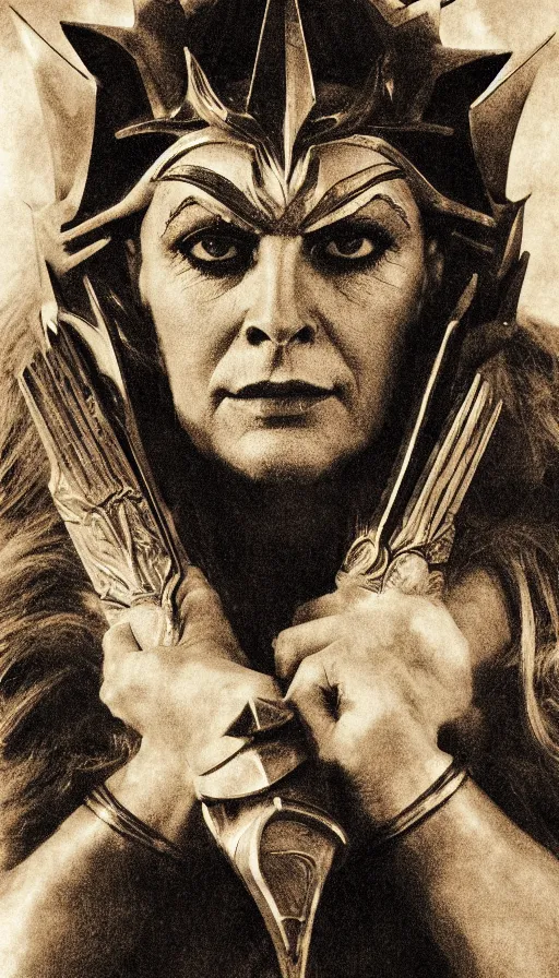 Image similar to she - ra, portrait, full body, symmetrical features, silver iodide, 1 8 8 0 photograph, sepia tone, aged paper, sergio leone, master prime lenses, cinematic