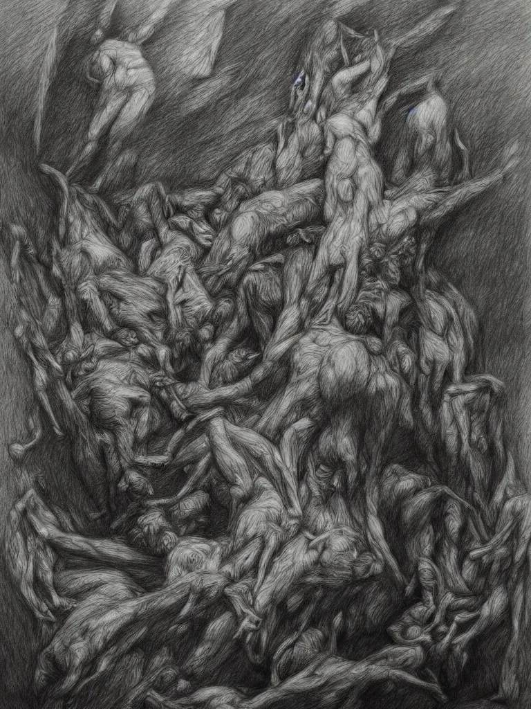 Prompt: inside my nightmares, charcoal detailed drawing, Greg Rutkoski style, Gustave Dore style,