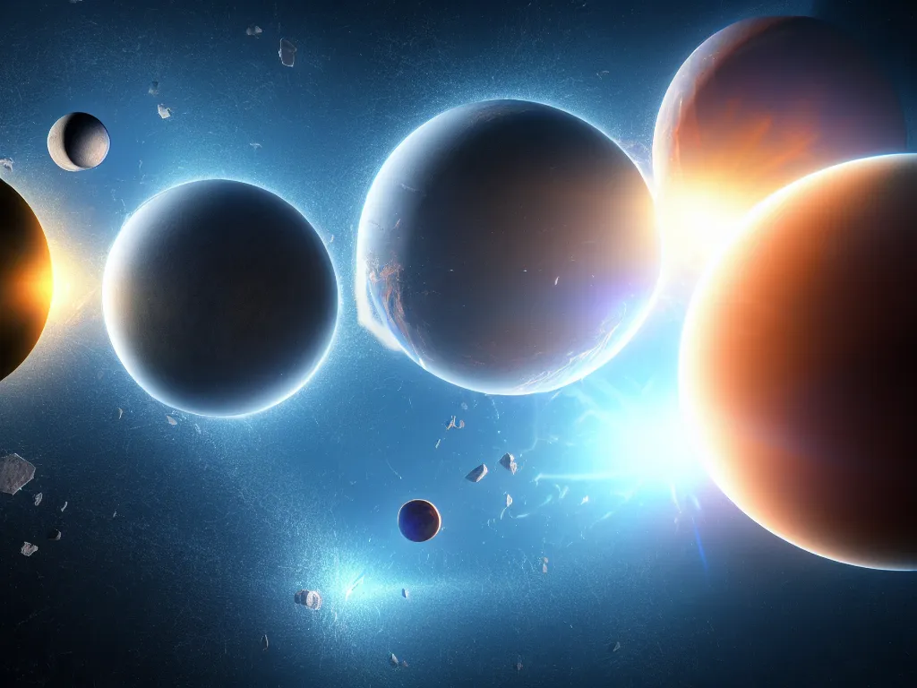 Image similar to two planets earth colliding with each other, artstation, volumetric light, high detail, reflections, perfect, concept art, hdr, 4 k