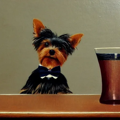 Image similar to a Yorkshire terrier at a bar wearing a bow tie, extremely detailed masterpiece, illustration, by Michael Sowa,