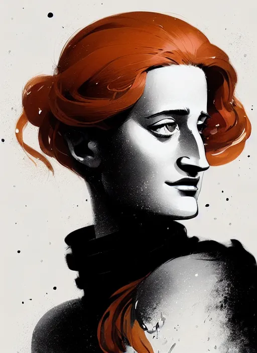 Prompt: highly detailed closeup portrait of beautiful grace gummer as dom dipierro, wavy ginger hair, black dress, by atey ghailan, by greg rutkowski, by greg tocchini, by james gilleard, by joe fenton, by kaethe butcher, gradient orange, black and white color scheme, grunge aesthetic!!! ( ( graffiti tag wall background ) )