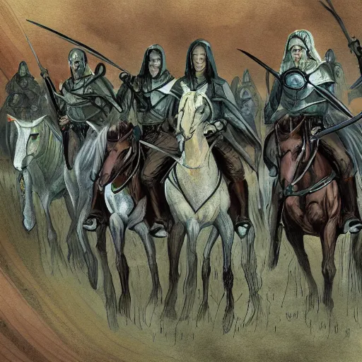 Image similar to illustration of The riders of Rohan in the style of J.R.R Tolkien 4K detail