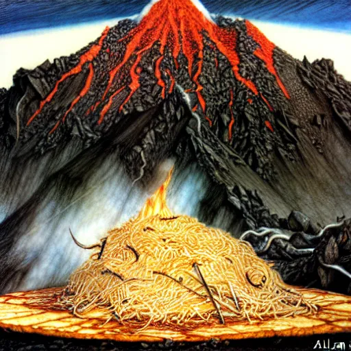 Prompt: poutine ( the canadian meal ) from mount doom by alan lee and john howe