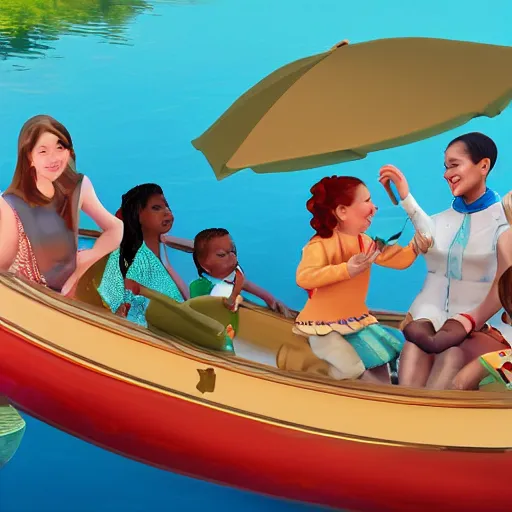Image similar to the collage depicts a group of well - dressed women and children enjoying a leisurely boat ride on a calm day. the women are chatting and laughing while the children play with a toy boat in the foreground. storybook by patrick brown rendered in unrealengine