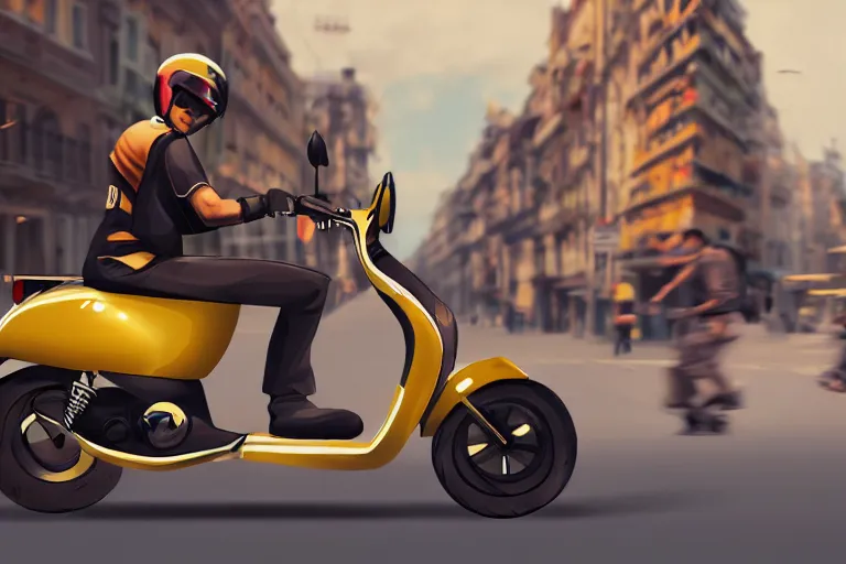 Image similar to moped scooter racing on the street, by etienne dinet, high details, 4 k, golden composition, artstation cgsociety