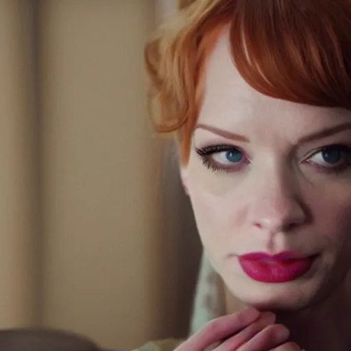 Image similar to amazing beautiful Christina Hendricks with huge puffy lips in the living room, film still from the movie directed by Denis Villeneuve , wide lens