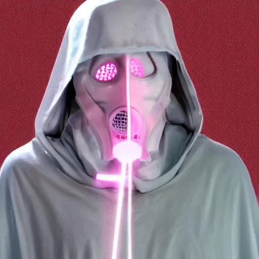 Image similar to Saruman wearing 3M superlab face shield and gas mask with pink filters on top of his head like Walter White