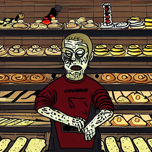 Prompt: zombie working in a bakery by robert kirkman