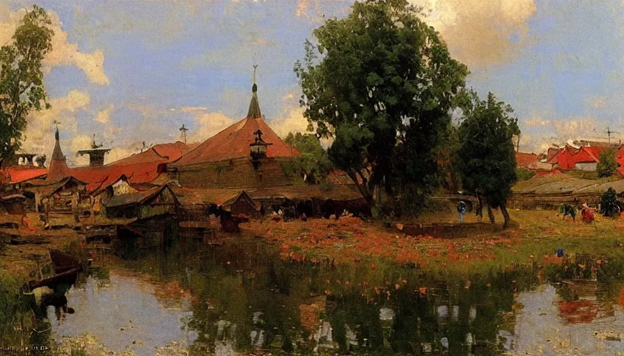 Image similar to matte painting of a beautiful russian village, by ilya repin,