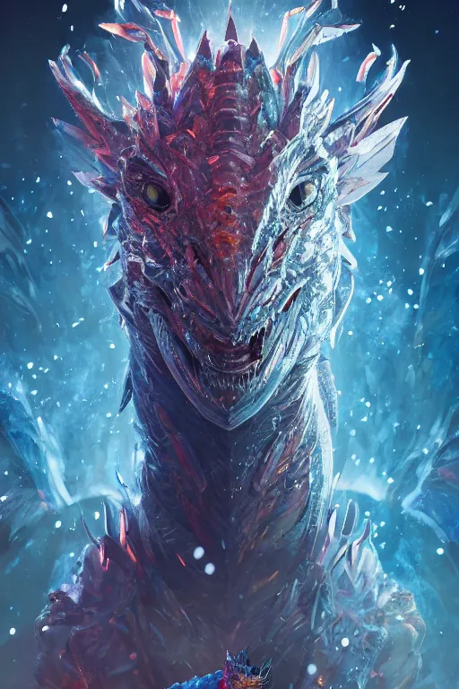 Image similar to A fancy portrait of a crystalized dragon by Greg Rutkowski, beeple, Sung Choi, Mitchell Mohrhauser, Maciej Kuciara, Johnson Ting, Maxim Verehin, Peter Konig, final fantasy, macro lens , 8k photorealistic, cinematic lighting, HD, high details, dramatic, dark atmosphere, trending on artstation