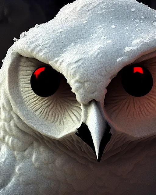 Prompt: closeup of a snow owls face, in the style of brian froud, brian despain, brian bolland, digital art, unreal engine, volumetric lighting, dark moody lighting, post apocalyptic, 4 k