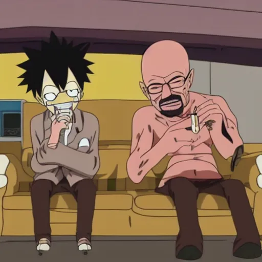 Image similar to walter white smoking a joint with jesse pinkman, in One Piece Anime Series, 4k Resolution.