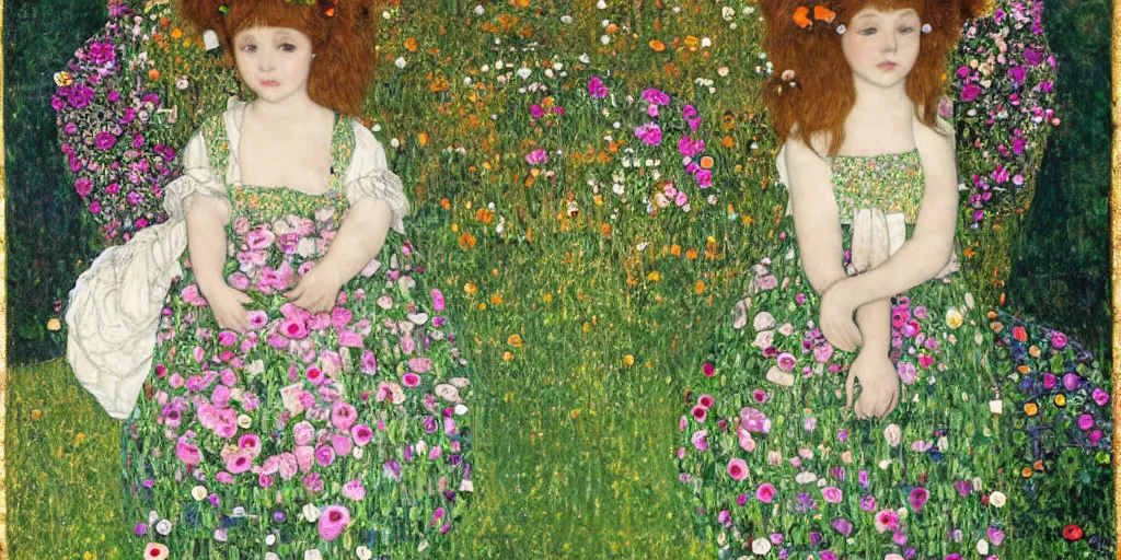 Prompt: a fresco of in gorgeous green garden, a little girl in white lolita sitting on a white chair surrounded by golden ribbons and floating flower petals, flowers have various colors, in a luxurious style, by klimt