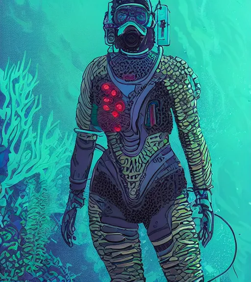 Image similar to a cyberpunk diver Polynesian woman swims through a dark alien coral reef, techwear, Industrial Scifi, detailed illustration, character portrait, by Martin Grip and Moebius