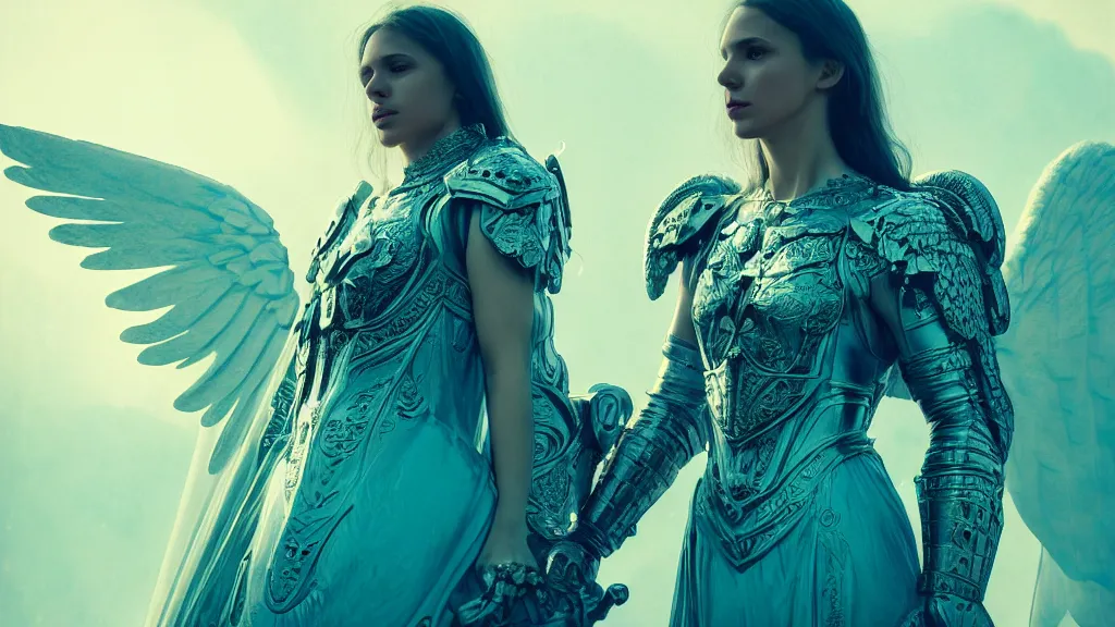 Image similar to angel, big wings, low key light, full plate armor with cloth, f 1 6, bokeh, medium portrait, gentle, female, ornate city ruins, landscape, d & d, fantasy, intricate, elegant, highly detailed, teal white gold color palette, roger deakins, sharp focus, concept art, greg rutkowski and alphonse mucha