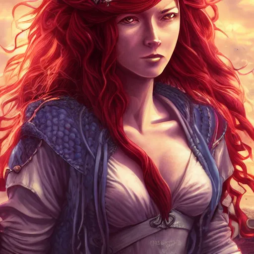 Image similar to my long red haired pirate queen girlfriend by dan mumford, yusuke murata, makoto shinkai, ross tran, cosmic, heavenly, god rays, intricate detail, cinematic, 8 k, cel shaded, unreal engine, featured on artstation, pixiv