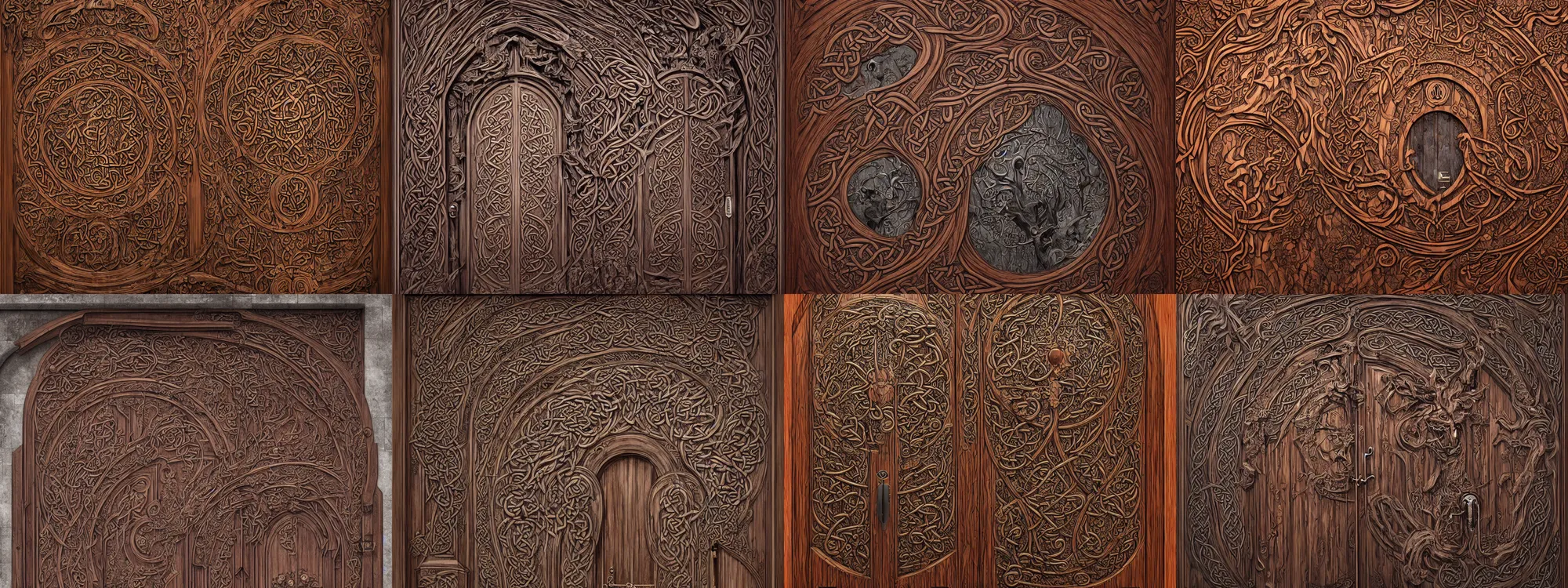 Prompt: front view of a celtic door made in wood, art by James Jean and Wayne Barlowe, high detail, cinematic, cgsociety 8k