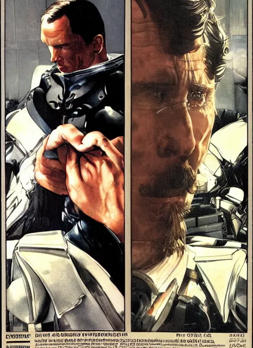 Prompt: christian bale as john preston vs father in 2002 movie equilibrium, by norman rockwell and jason fabok and tom lovell and frank schoonover and dean cornwell and jack kirby