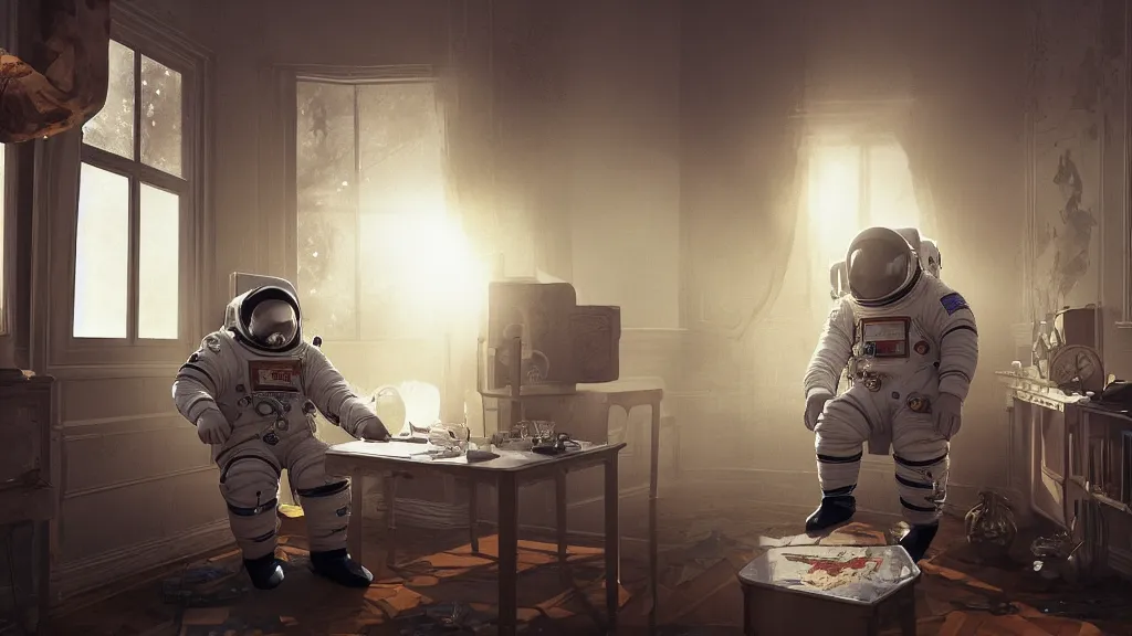 Prompt: a single cosmonaut in a spacesuit drinks steaming tea at an old wooden desk in a richly decorated Victorian house. the autumn light comes in through a window and dimly illuminates the room, diffuse light, octane render