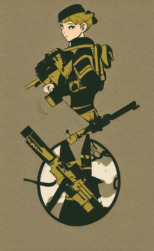 Prompt: shoulder patch design, soldier girl, anime style, clean logo design, military insignia, no text, soldier clothing, realistic military gear, 70mm, inspired by famous brands, made in photoshop, no background, vector line art, by professional designer, intricate, realistic human anatomy, meme culture, highly detailed, high resolution, for printing, contrast colors, realistic weapon, realistic military carrier