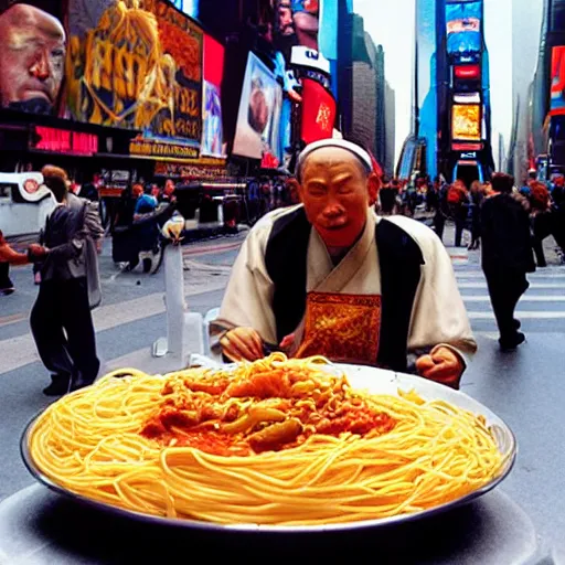 Image similar to genghis khan eating spaghetti on the times square