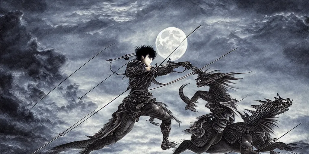 Image similar to korean archer shooting a dragon. the moon is in the sky. there is a river. dark fantasy. high resolution. detailed. digital art. kentaro miura.