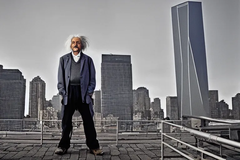 Image similar to 14mm Albert Einstein color portrait photo in World Trade Center complex, by Emmanuel Lubezki